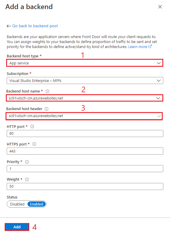 azure create a front door configuration backend pools add a backend app service blog vinicius deschamps